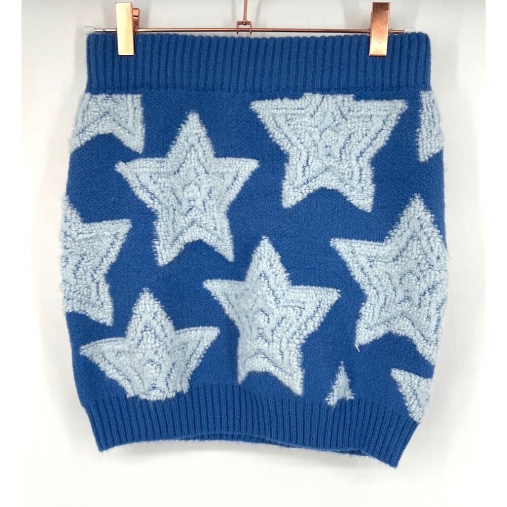 Bucket List Womens Knit Mini Skirt Star Pattern Size Large Blue NWT